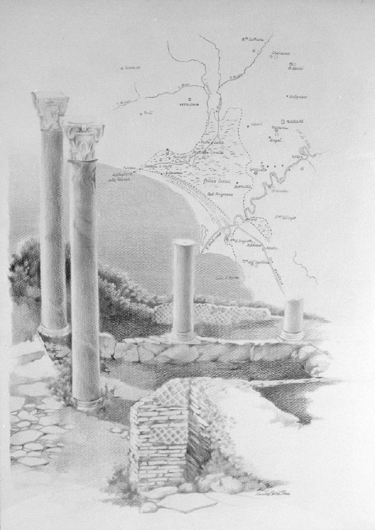 reperti archeologici dell'Isola di Giannutri con un'antica carta geografica (disegno, opera isolata) di Dalla Pozza Luciana (sec. XX)