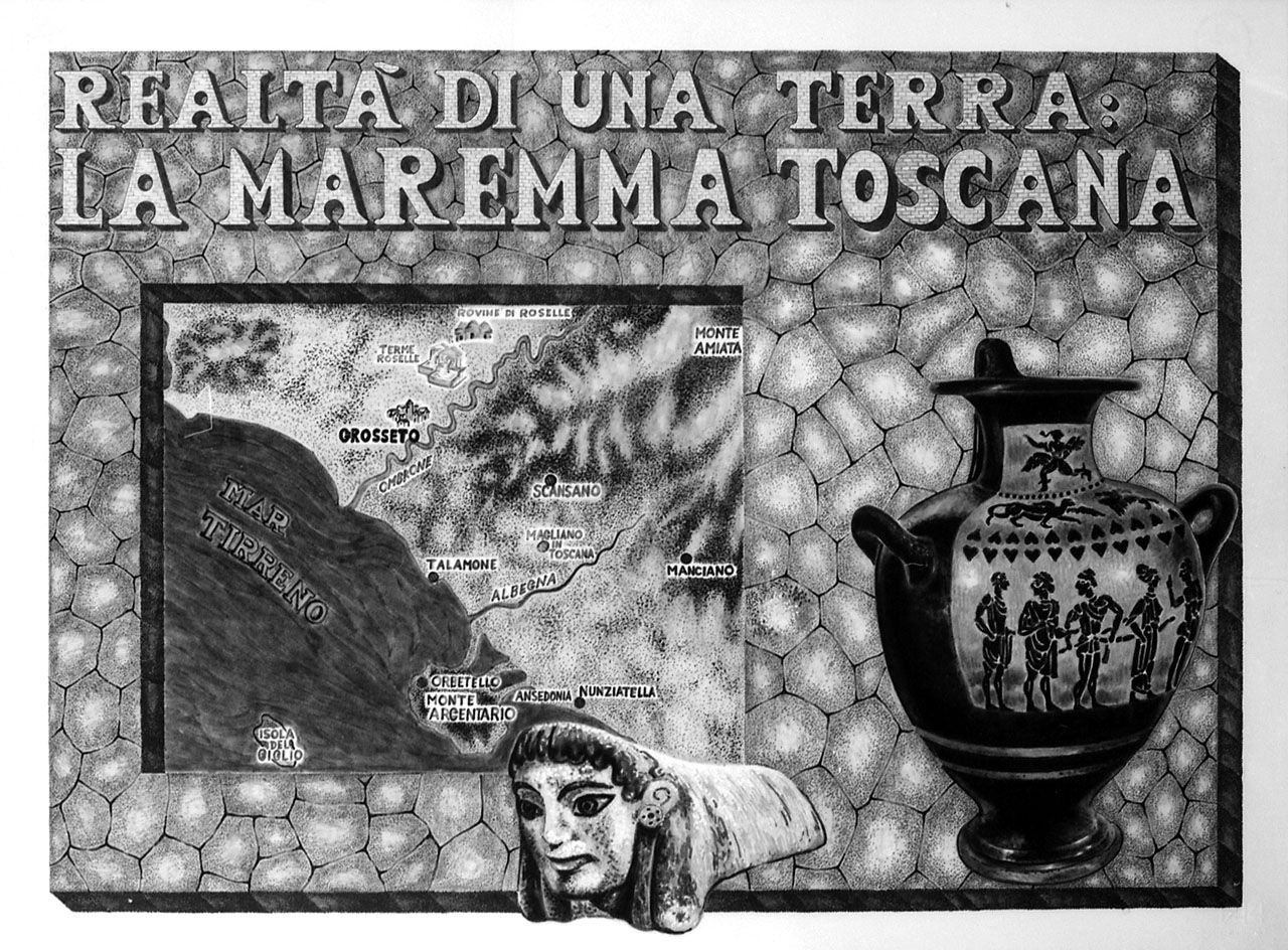 reperti archeologici, muro romano e cartina geografica della Provincia diGrosseto (disegno, opera isolata) di Bartolucci Marco, Vecchi Nicola (sec. XX)