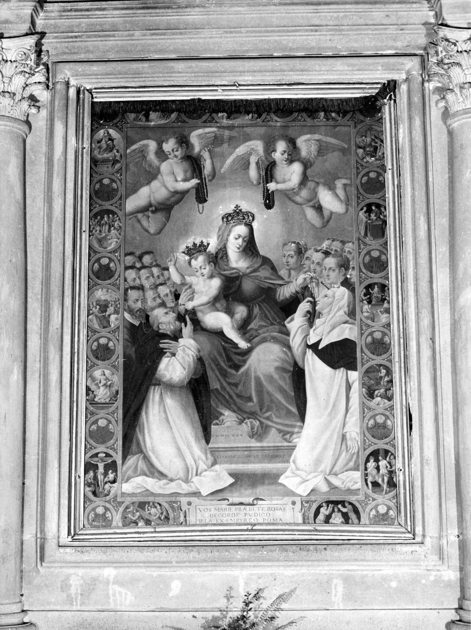Madonna del Rosario con San Domenico e Santa Caterina, santi e episodi della vita di Cristo (dipinto) di Del Brina Giovanni (sec. XVI)
