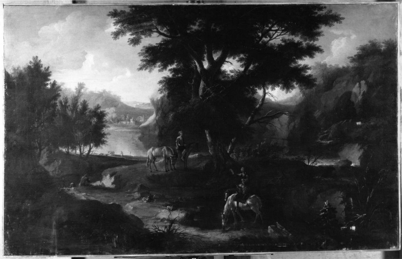 paesaggio con fiume e cavalieri (dipinto) - ambito italiano (seconda metà sec. XVII)