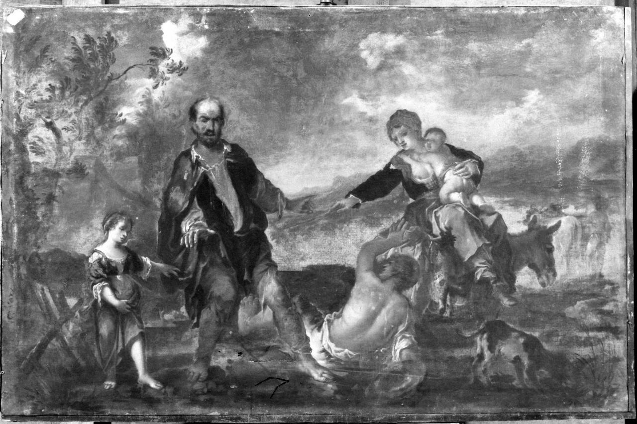 scena di genere con cieco e figure (dipinto) - ambito italiano (sec. XVIII)