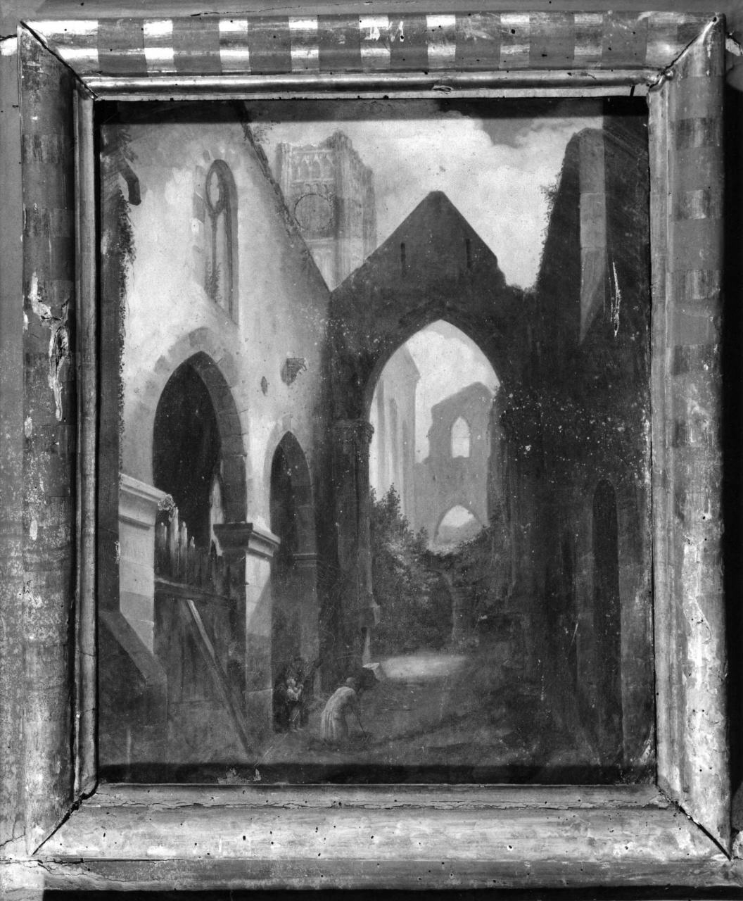 veduta prospettica di chiesa gotica in rovina con figure (dipinto) - ambito italiano (prima metà sec. XIX)