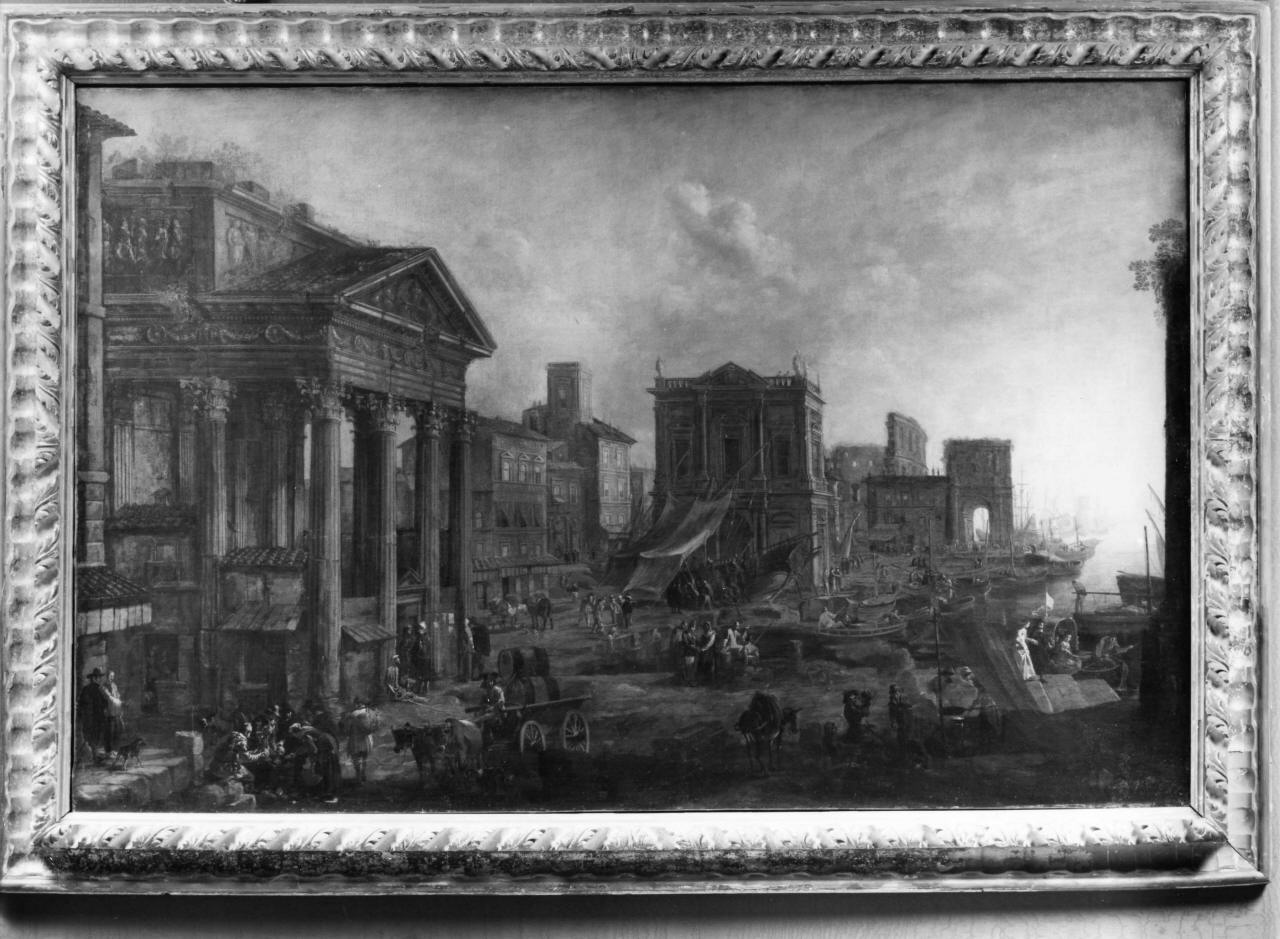veduta ideale con ruderi, porto e figure (dipinto) di Salucci Alessandro (attribuito) (sec. XVII)