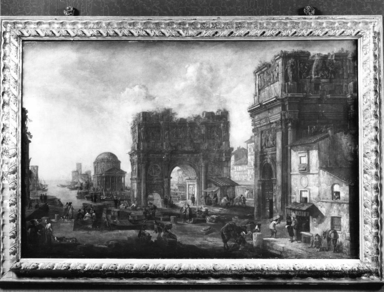 veduta ideale con ruderi, porto e figure (dipinto) di Salucci Alessandro (attribuito) (sec. XVII)