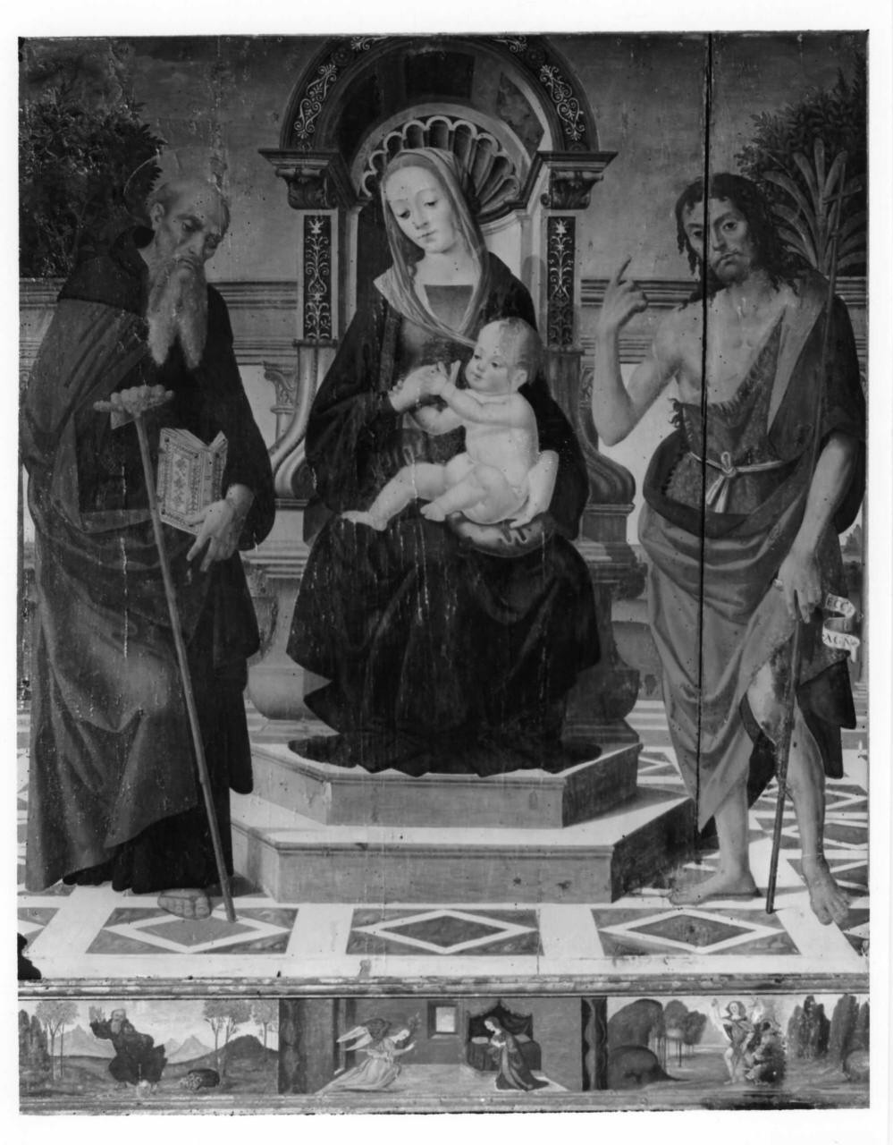 Madonna con Bambino in trono tra sant'Antonio Abate e san Giovanni Battista (dipinto) - ambito fiorentino (fine/inizio secc. XV/ XVI)