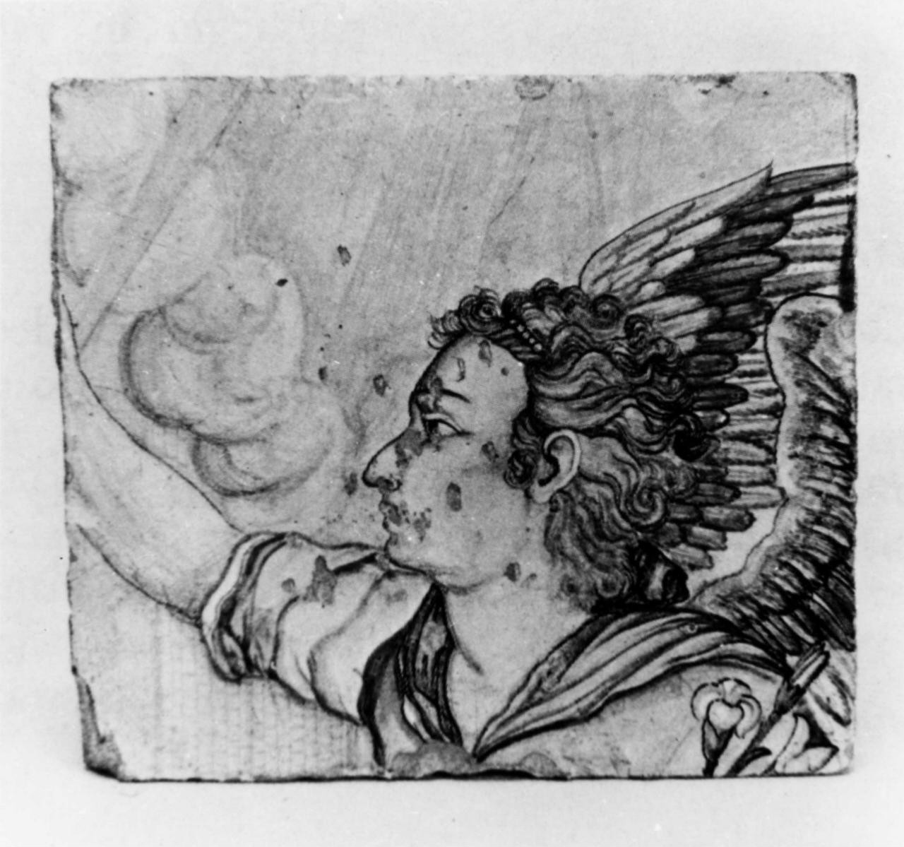 angelo annunciante (piastrella, frammento) - manifattura castellana (sec. XVII)