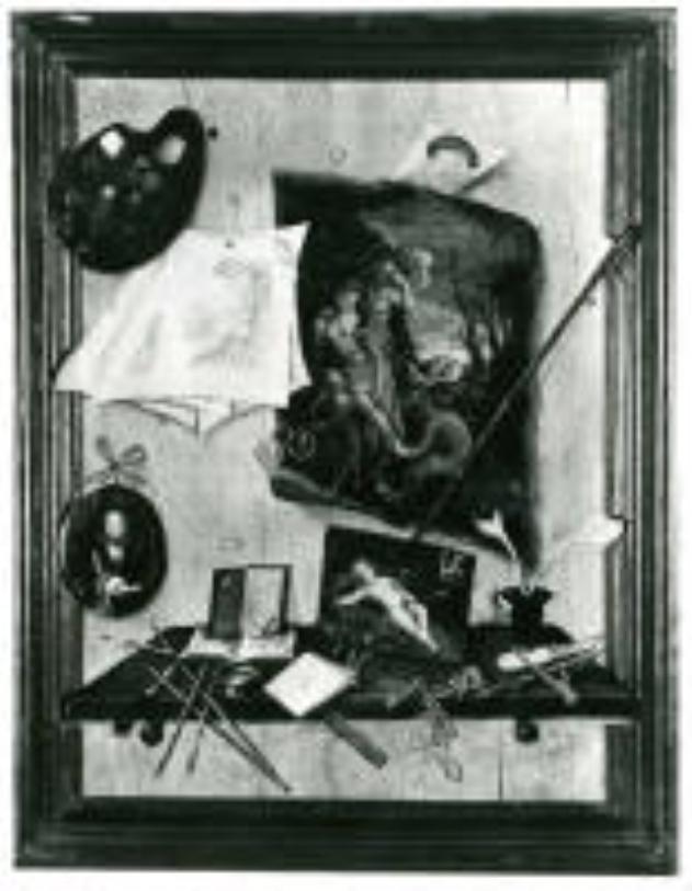 natura morta con tavolozza e dipinti (dipinto) di Arellani (attribuito) (sec. XVI)