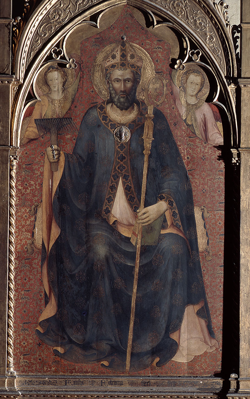 San Biagio in trono tra due angeli, Cristo benedicente, martirio di San Biagio (dipinto) di Franchi Rossello di Jacopo (sec. XV)