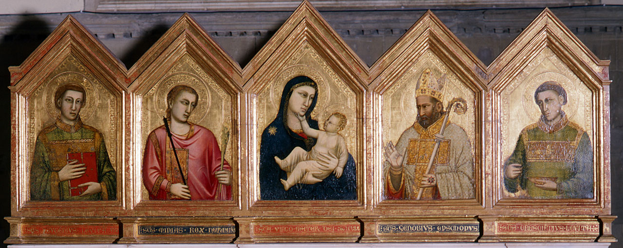 Madonna con Bambino, Sant'Eugenio, San Miniato, San Zanobi, San Cresenzio (polittico) di Giotto (bottega) (sec. XIV)