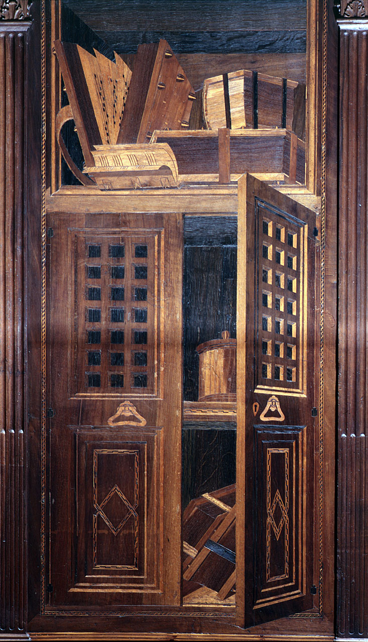 finto sportello con libri (pannello) di Agnolo di Lazzaro d'Arezzo, Francesco di Giovanni di Guccio, Bernardo di Tommaso di Ghigo, Guidi Giovanni di Ser Giovanni detto Scheggia (sec. XV)