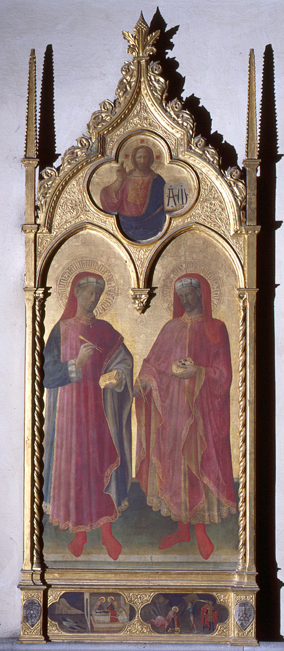 San Cosma e San Damiano, Cristo Pantocratore, episodi della vita di San Cosma e San Damiano (dipinto) di Manzini Andrea detto Andrea di Giusto (attribuito) (sec. XV)