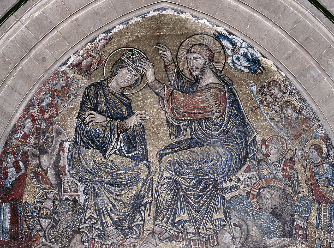 incoronazione di Maria Vergine, angeli, simboli degli evangelisti (decorazione musiva) di Maestro della Santa Cecilia (sec. XIII)