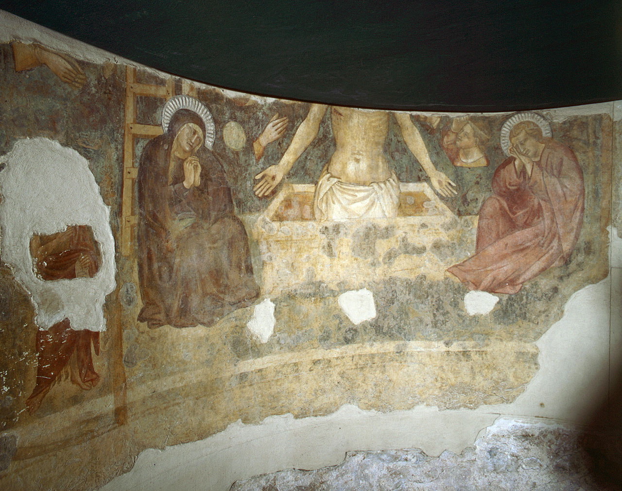 Cristo in pietà tra la Madonna e San Giovanni Evangelista, San Giovanni Battista (dipinto, frammento) - ambito fiorentino (sec. XIV, sec. XVI)