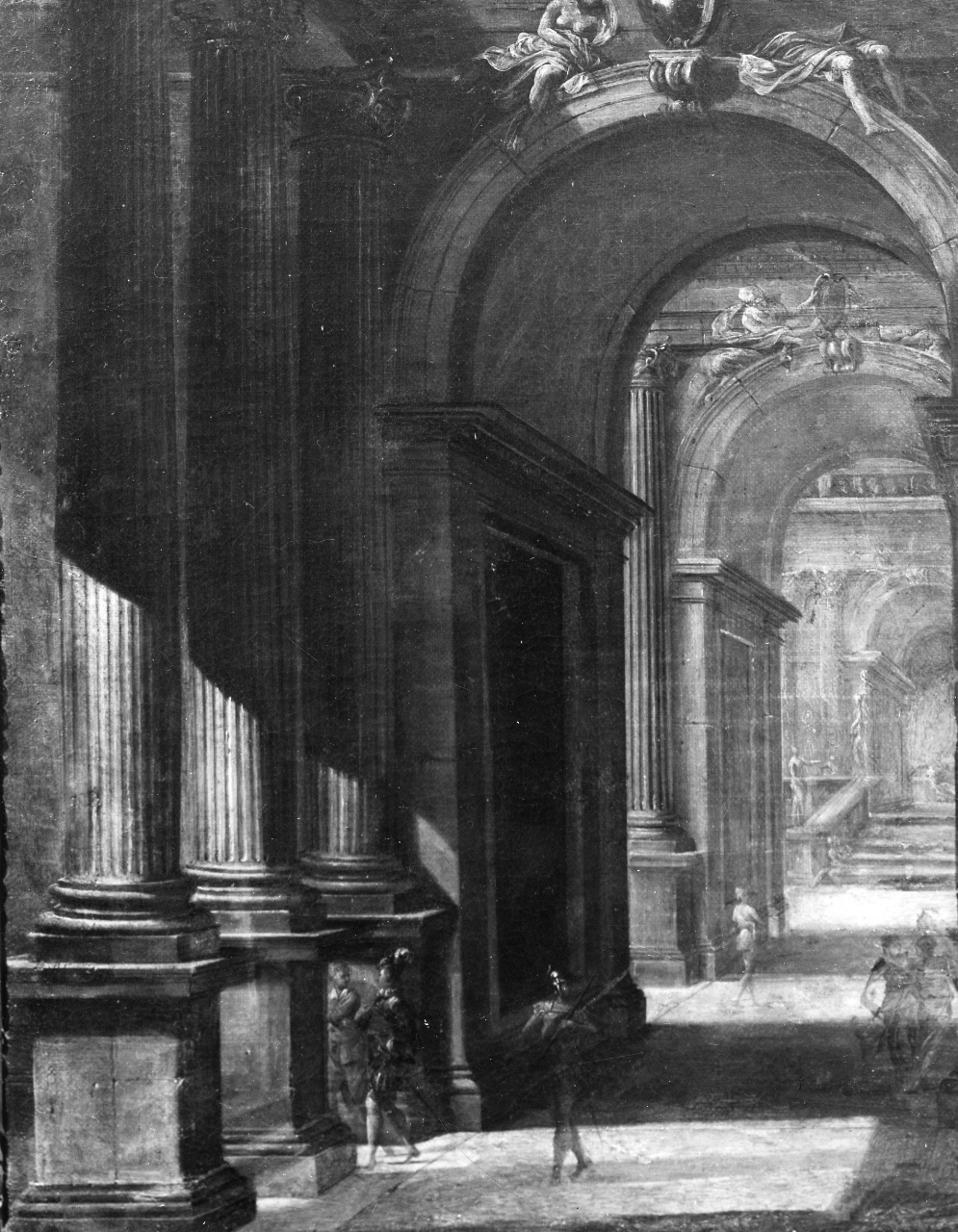 architettura fantastica con figure (dipinto) - ambito italiano (prima metà sec. XVIII)