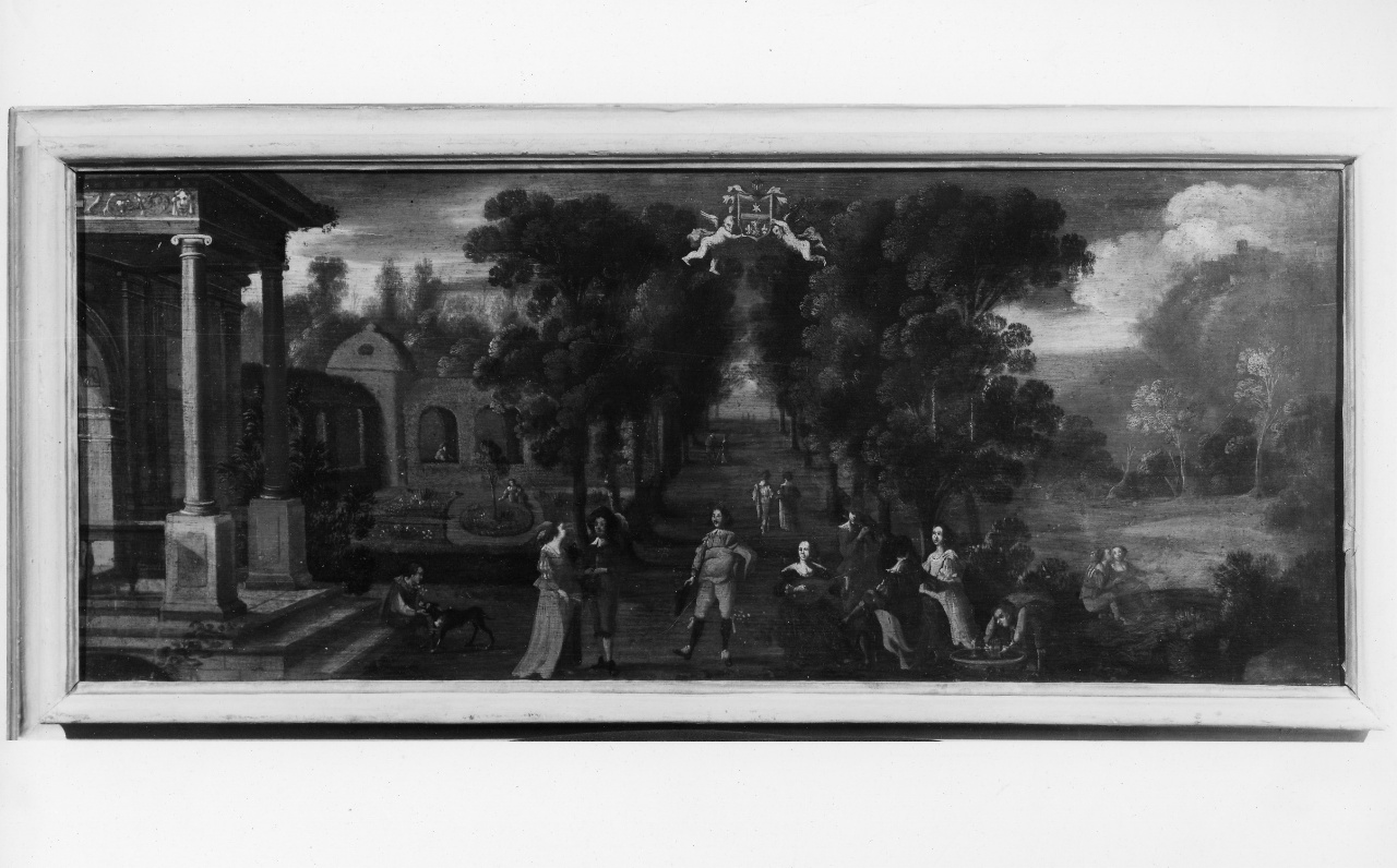paesaggio con dame e cavalieri (dipinto) - ambito italiano (metà sec. XVII)