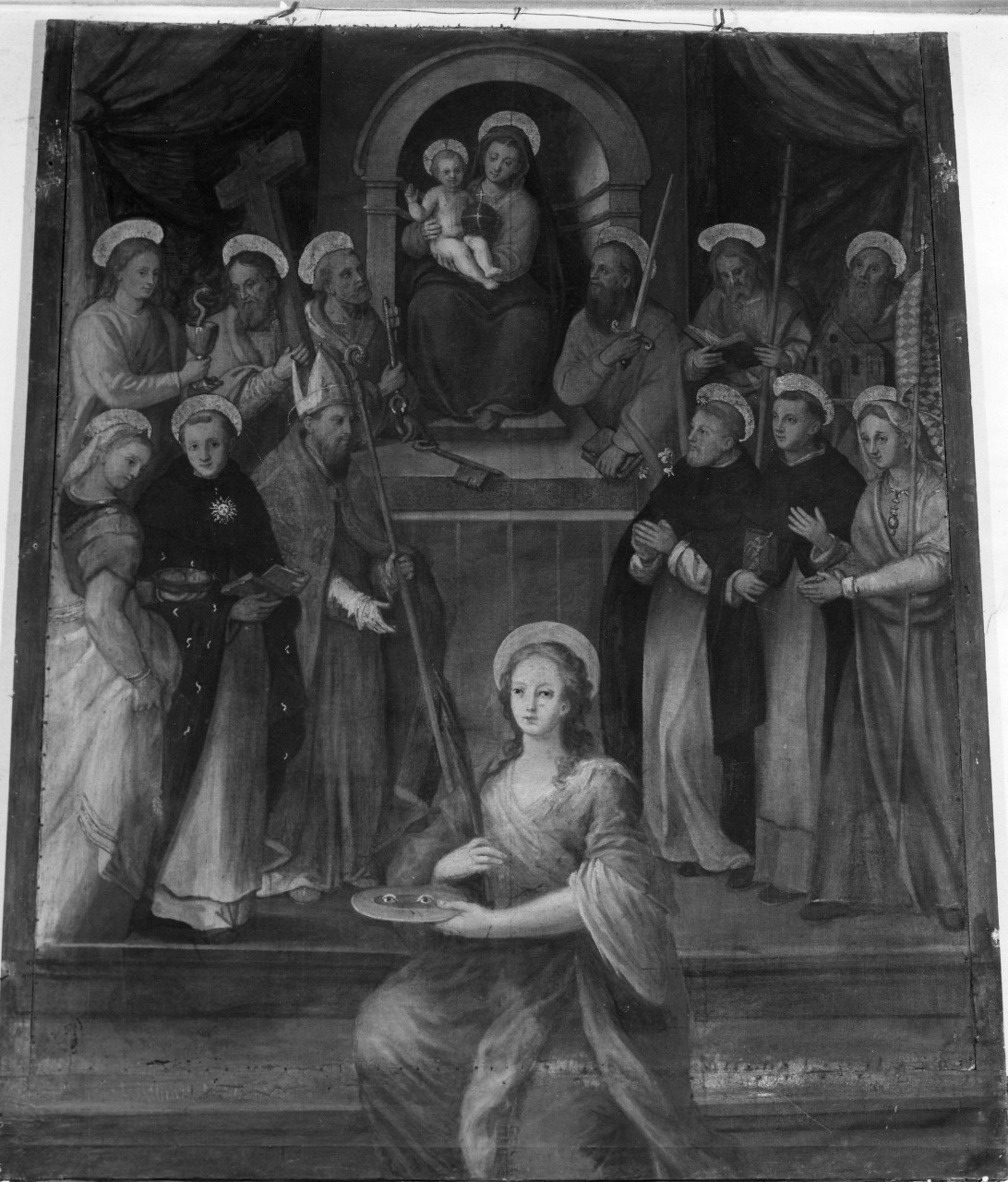 Madonna con Bambino in trono tra santi (dipinto) - ambito pistoiese (fine/inizio secc. XVI/ XVII)