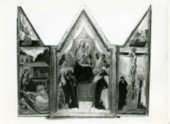 Madonna con Bambino in trono tra santi (trittico) di Bonaiuti Andrea detto Andrea da Firenze (sec. XIV)