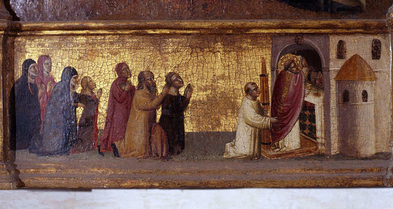 messa di San Martino (scomparto di predella) di Maestro dell'Altare di San Niccolò, Taddeo di Bartolo (sec. XIV)
