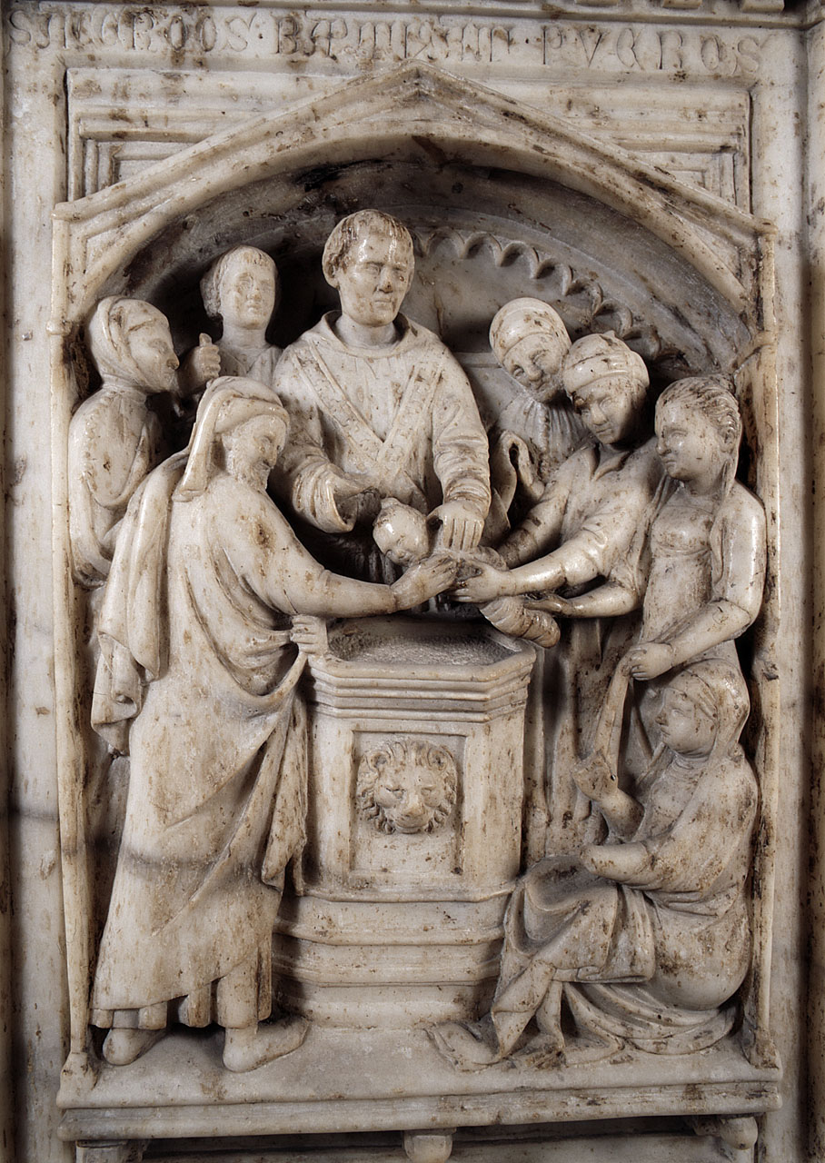 sacerdote che battezza i fanciulli (rilievo) di Andrea Pisano (scuola) - bottega fiorentina (sec. XIV)