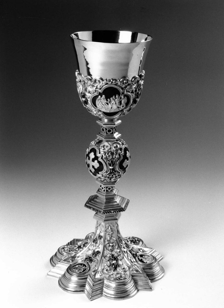 Ultima cena, Gesù davanti al Sinedrio, Caduta nell'andata al Calvario, Gesù coronato di spine, Crocifissione, Trasporto al Sepolcro (calice) di Palica Salvatore (sec. XIX)