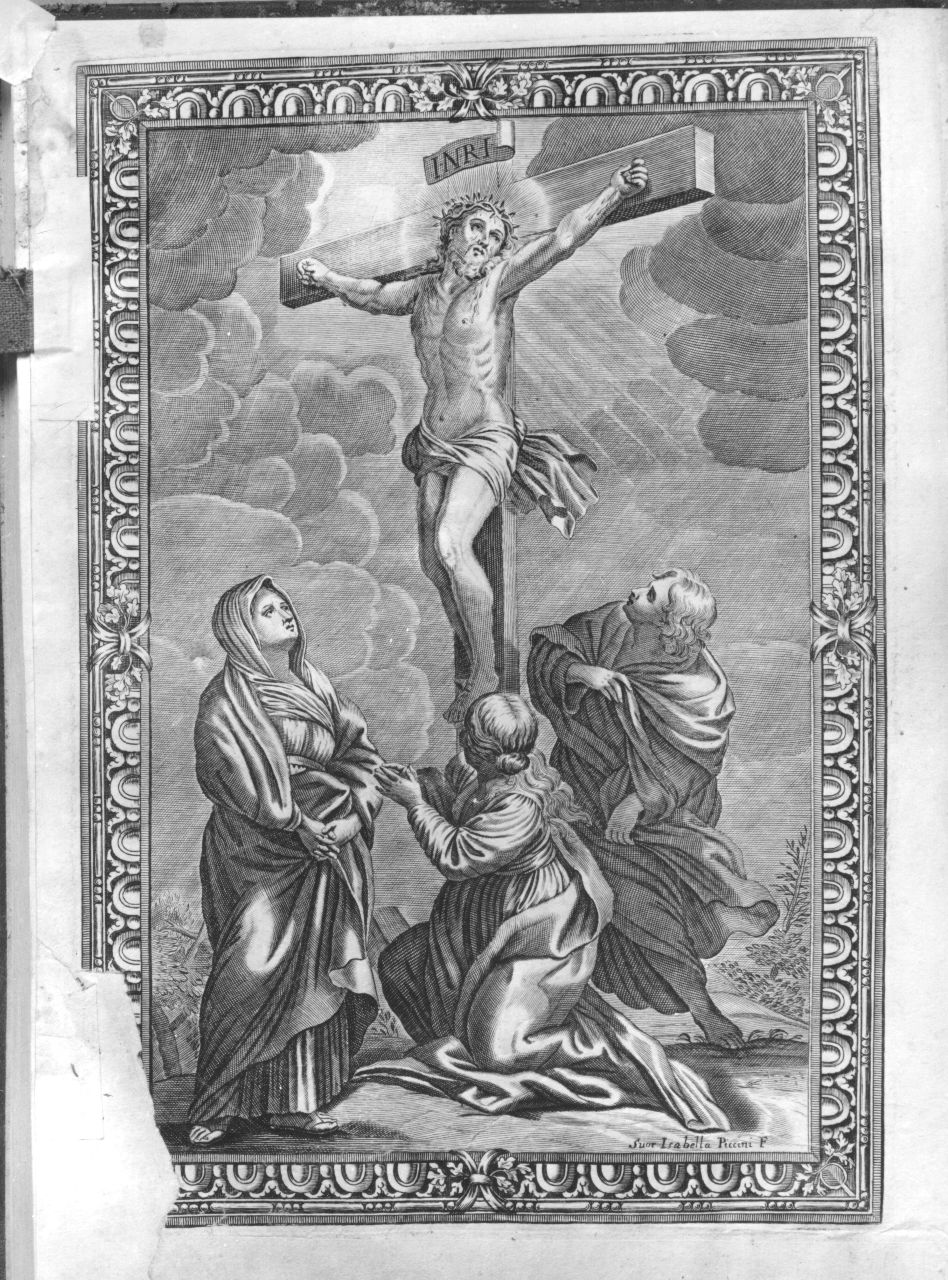 Cristo crocifisso con la Madonna, Santa Maria Maddalena e San Giovanni Evangelista (stampa) di Piccini Elisabetto detta Suor Isabella (sec. XVIII)