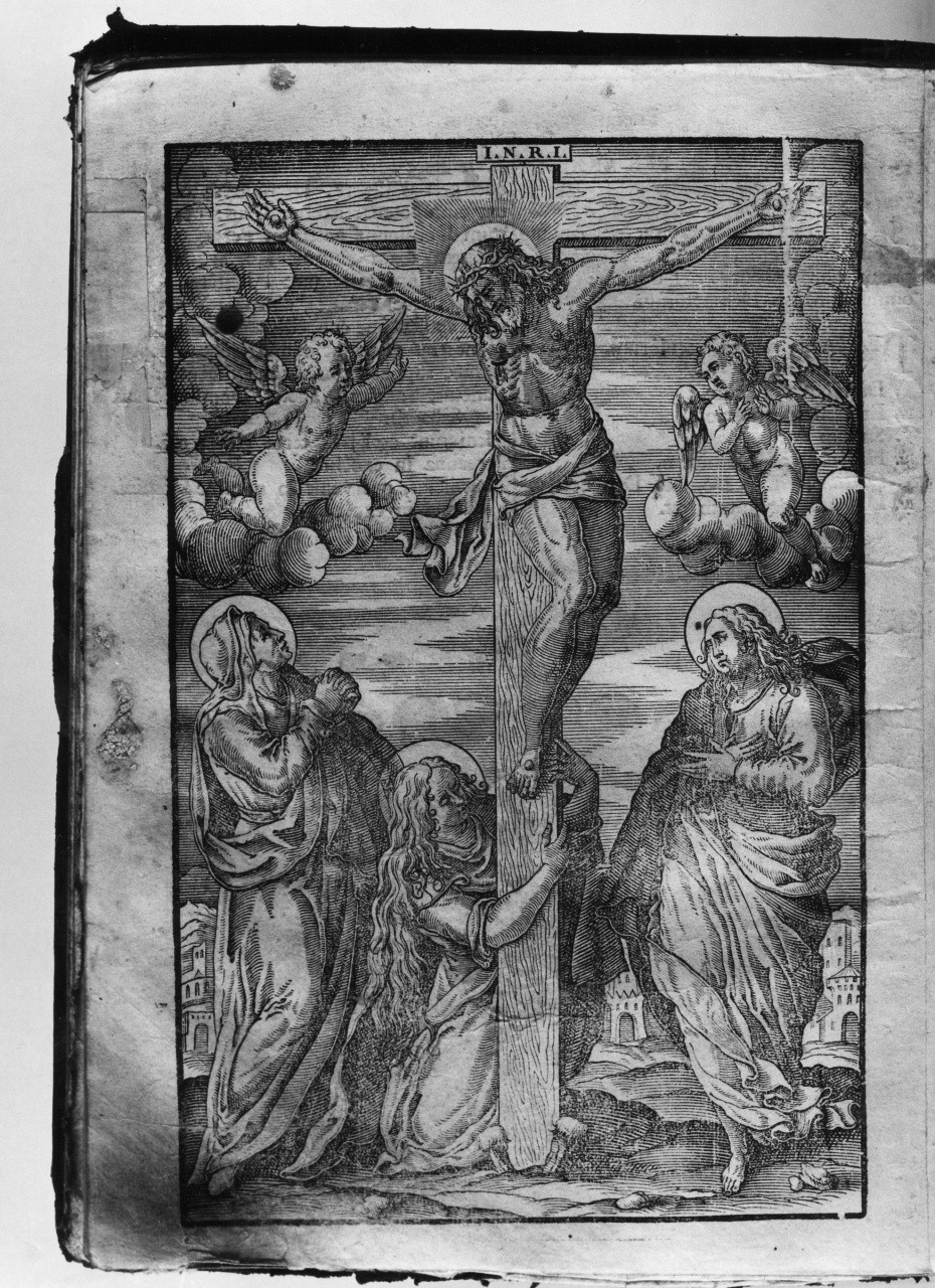 crocifissione di Cristo con la Madonna, San Giovanni Evangelista e Santa Maria Maddalena (stampa) - ambito tedesco (?) (seconda metà sec. XVI)