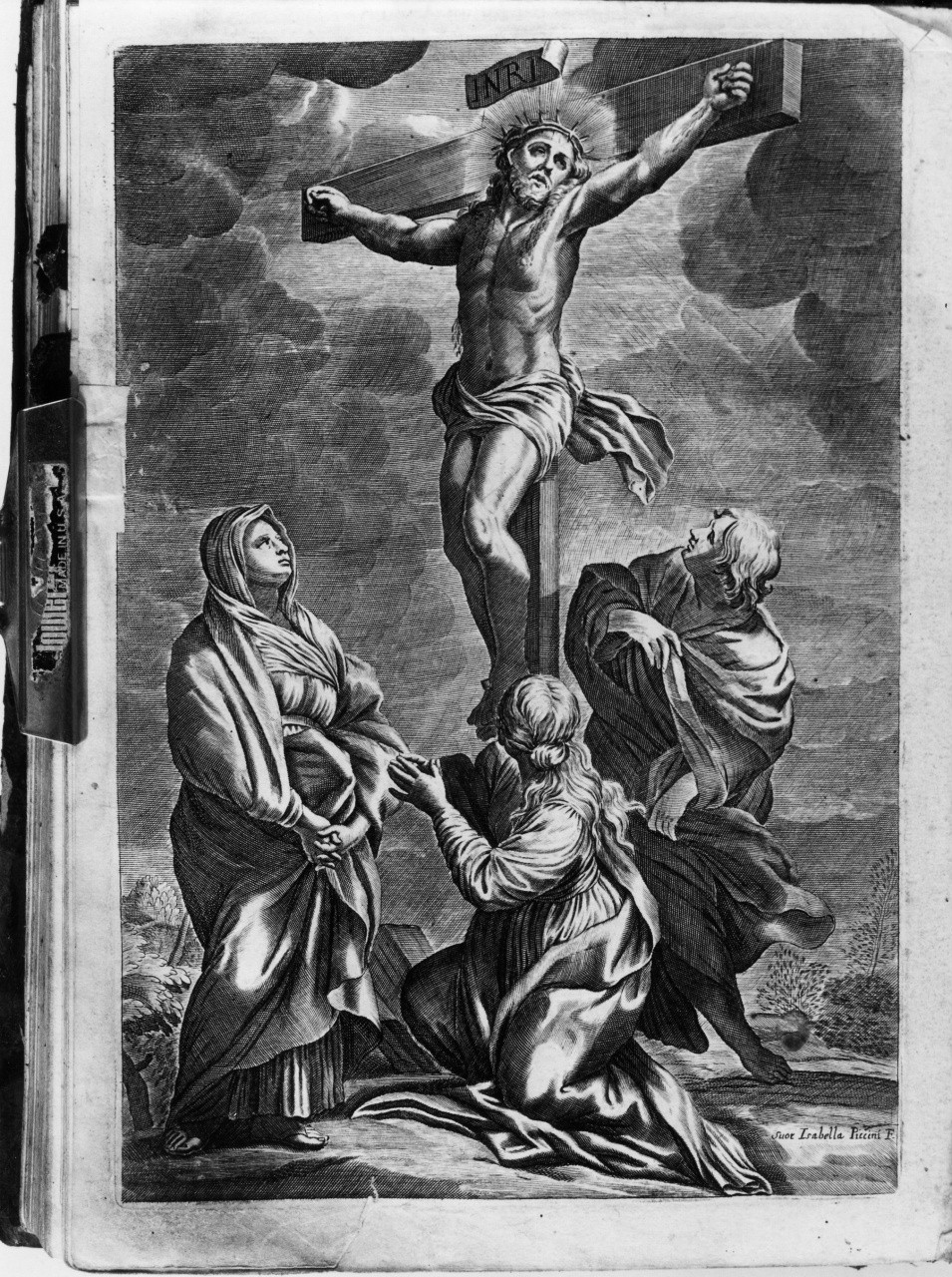 crocifissione di Cristo con la Madonna, San Giovanni Evangelista e Santa Maria Maddalena (stampa) di Piccini Elisabetto detta Suor Isabella (sec. XVIII)