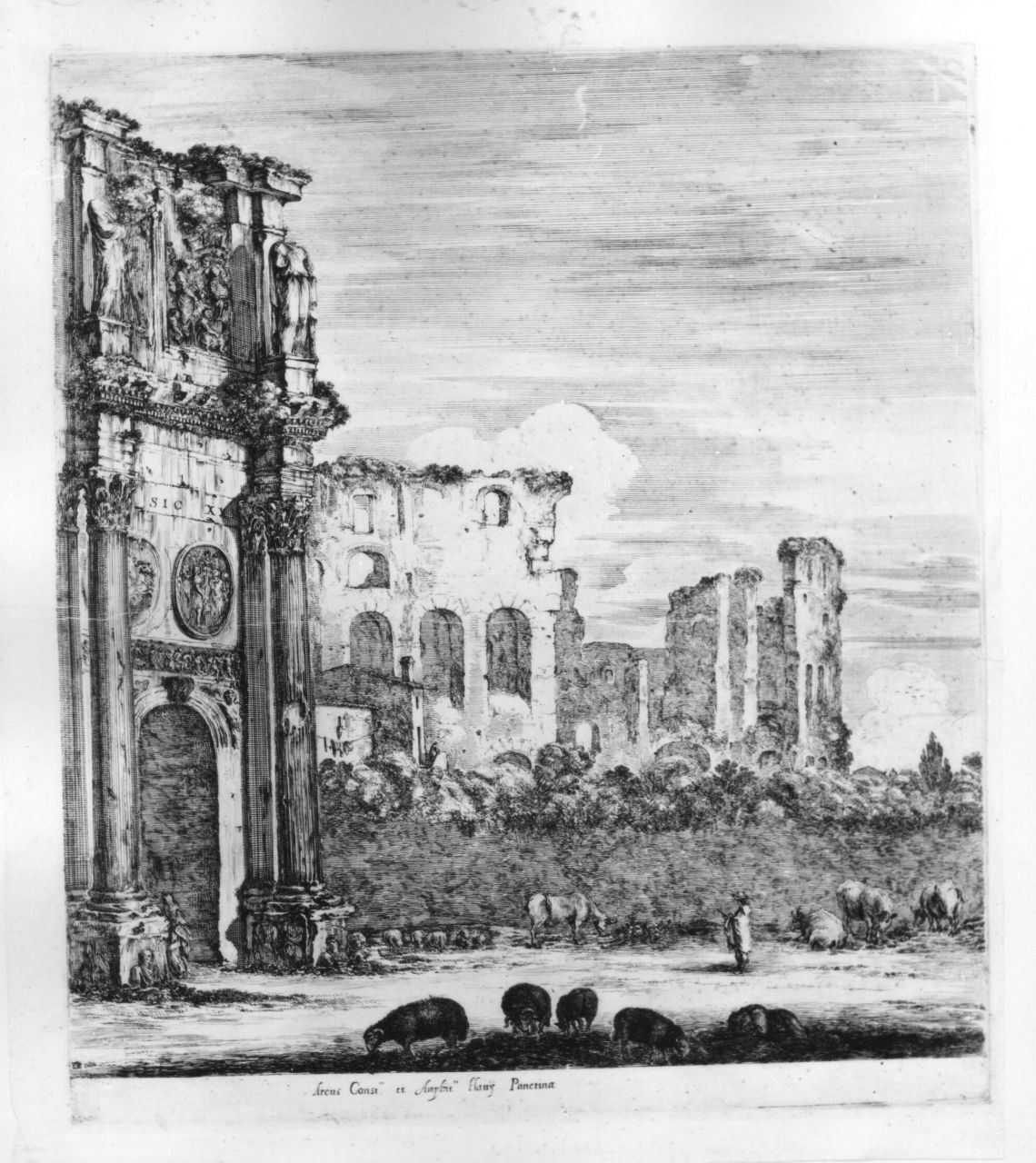 L'Arco di Costantino, arco di Costantino con paesaggio campestre (stampa) di Della Bella Stefano (sec. XVII)