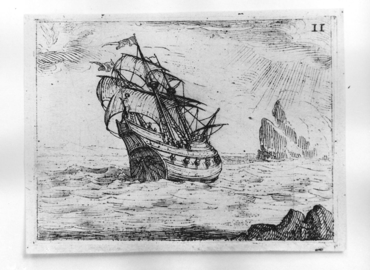 Vascello che naviga vicino agli scogli, simboli mariani (stampa) di Callot Jacques (sec. XVII)