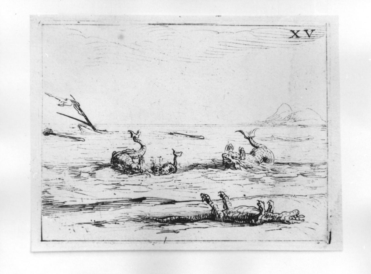 I delfini e il coccodrillo, simboli mariani (stampa) di Callot Jacques (sec. XVII)