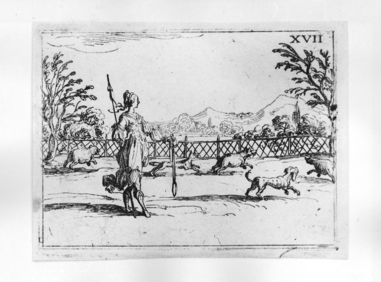 La cacciatrice, simboli mariani (stampa) di Callot Jacques (sec. XVII)