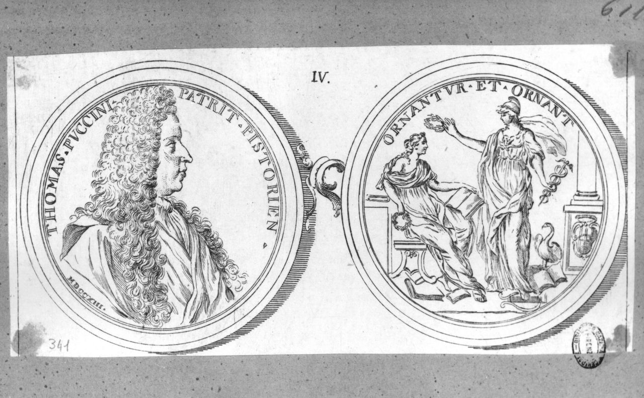medaglione: ritratto di Tommaso Puccini (recto)// allegoria delle arti (verso) (stampa) - ambito italiano (sec. XVIII)