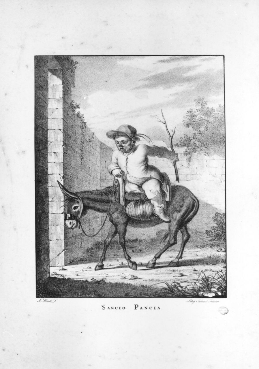 Sancio Pancia, Sancho Panza a cavallo di un asino (stampa) di Monti Niccolò (prima metà sec. XIX)