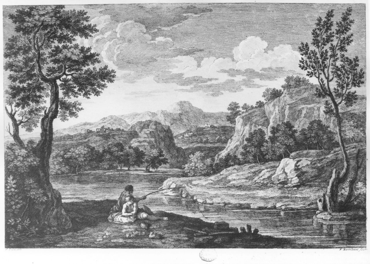paesaggio fluviale (stampa) di Bartolozzi Francesco, Luti Benedetto (sec. XVIII)