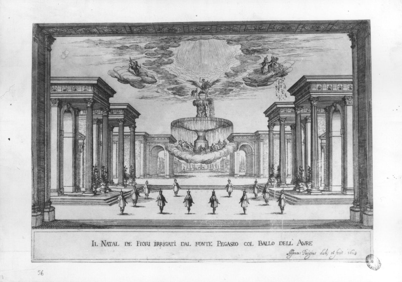 Il Natal de Fiori Irrigati dal Fonte Pegaseo col Ballo dell'Aure, scena teatrale (stampa) di Parigi Alfonso II (sec. XVII)