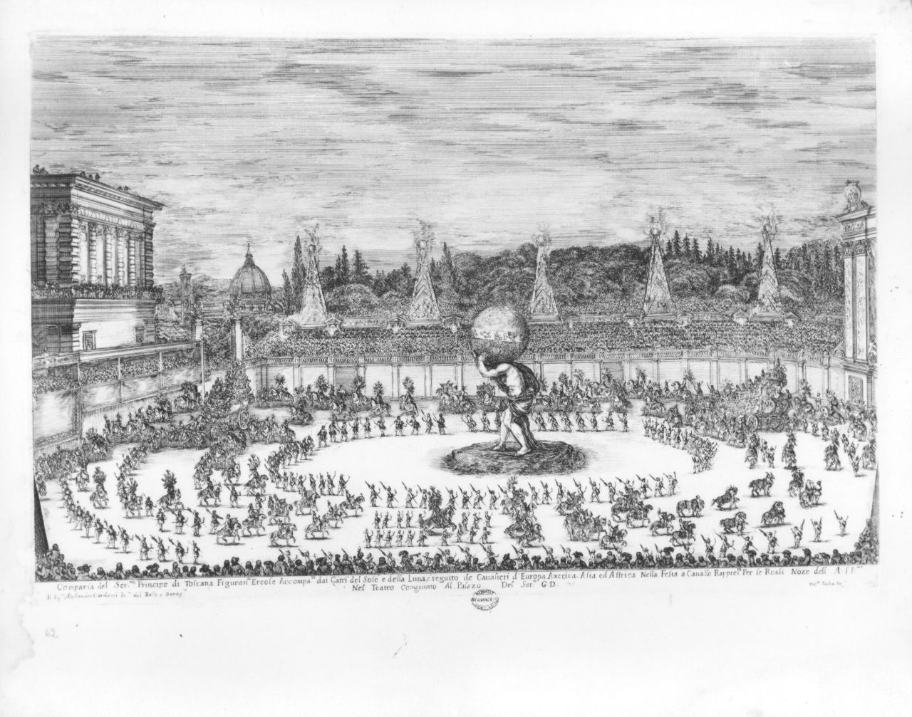 Comparsa del Serenissimo Principe di Toscana figurando Ercole (...), danza a cavallo (stampa) di Della Bella Stefano (sec. XVII)