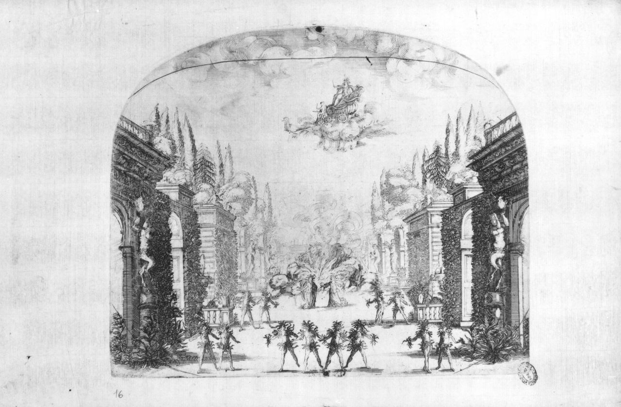 Scena in un giardino, giardino (stampa) di Degli Alli Silvio (sec. XVII)