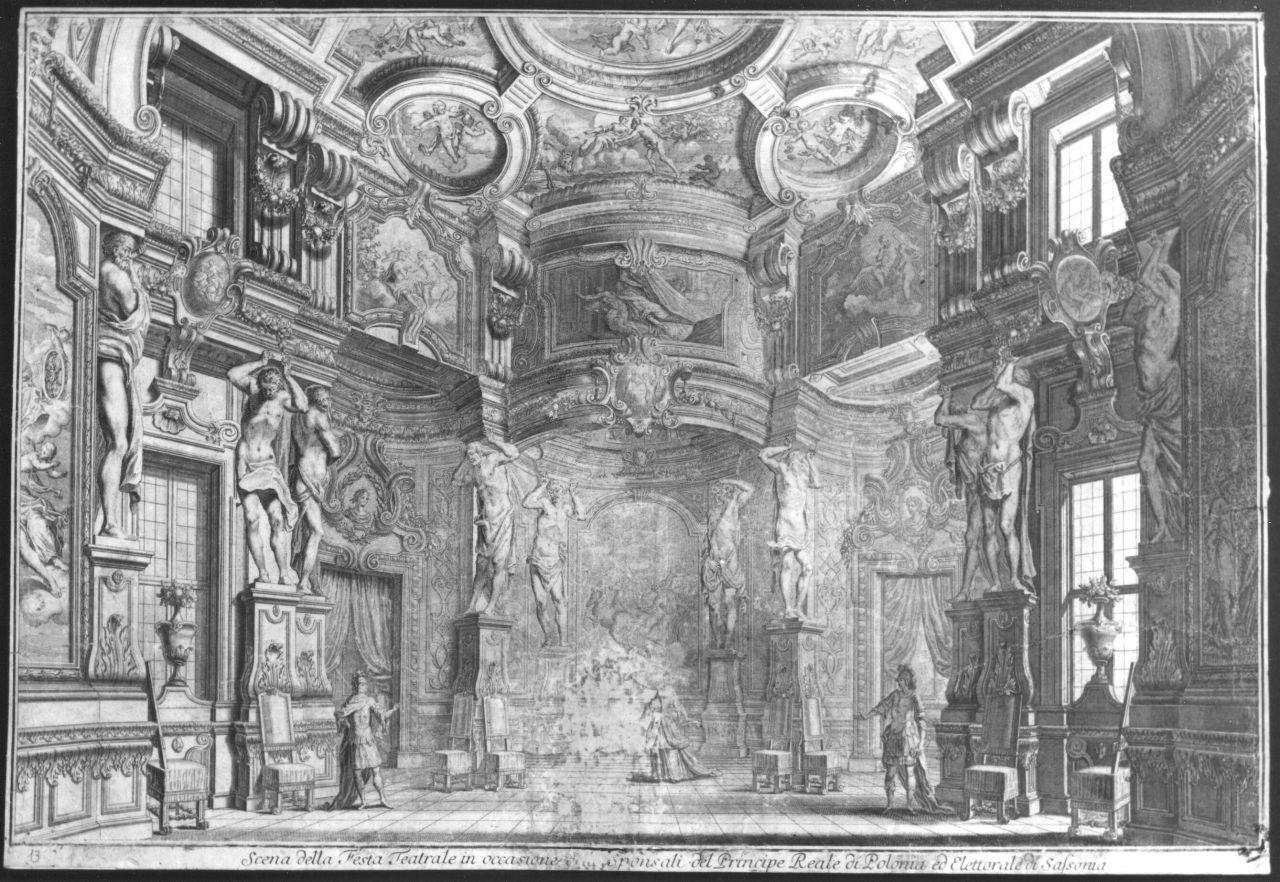 Scena della Festa Teatrale in occasione delli Sponsali del Principe Reale di Polonia ed Elettorale di Sassonia, scena teatrale (stampa) di Pfeffel Johan Andreas, Galli Giuseppe detto Bibiena (sec. XVIII)