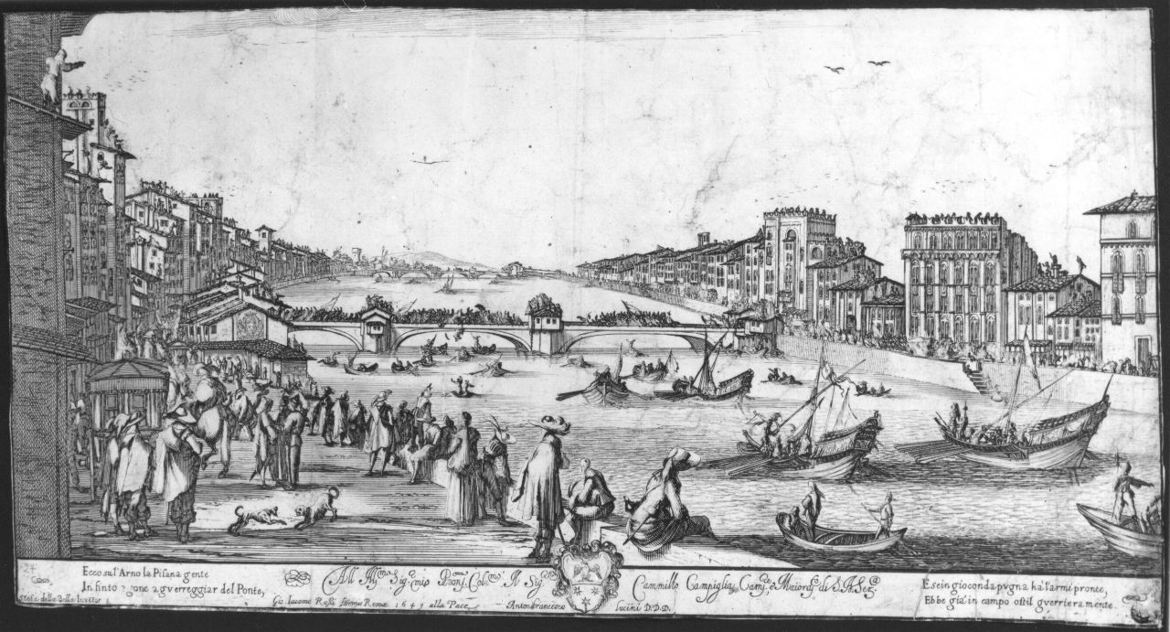Il gioco del ponte a Pisa, gioco del ponte a Pisa (stampa) di Lucini Anton Francesco, Della Bella Stefano (sec. XVII)