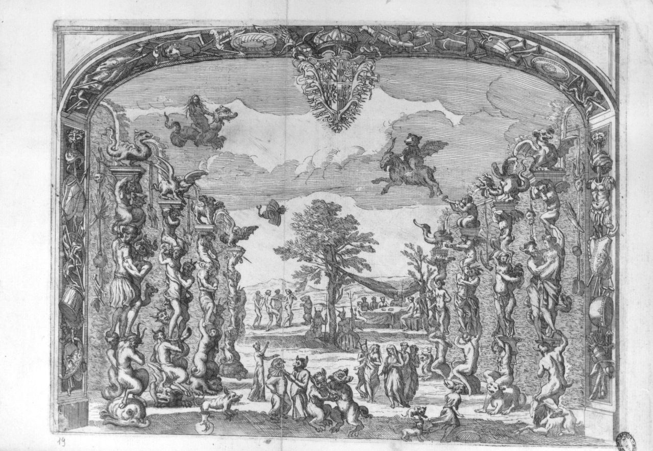 La caduta del regno delle Amazzoni, scena teatrale (stampa) di Venturini Francesco Giuseppe (attribuito) (sec. XVII)
