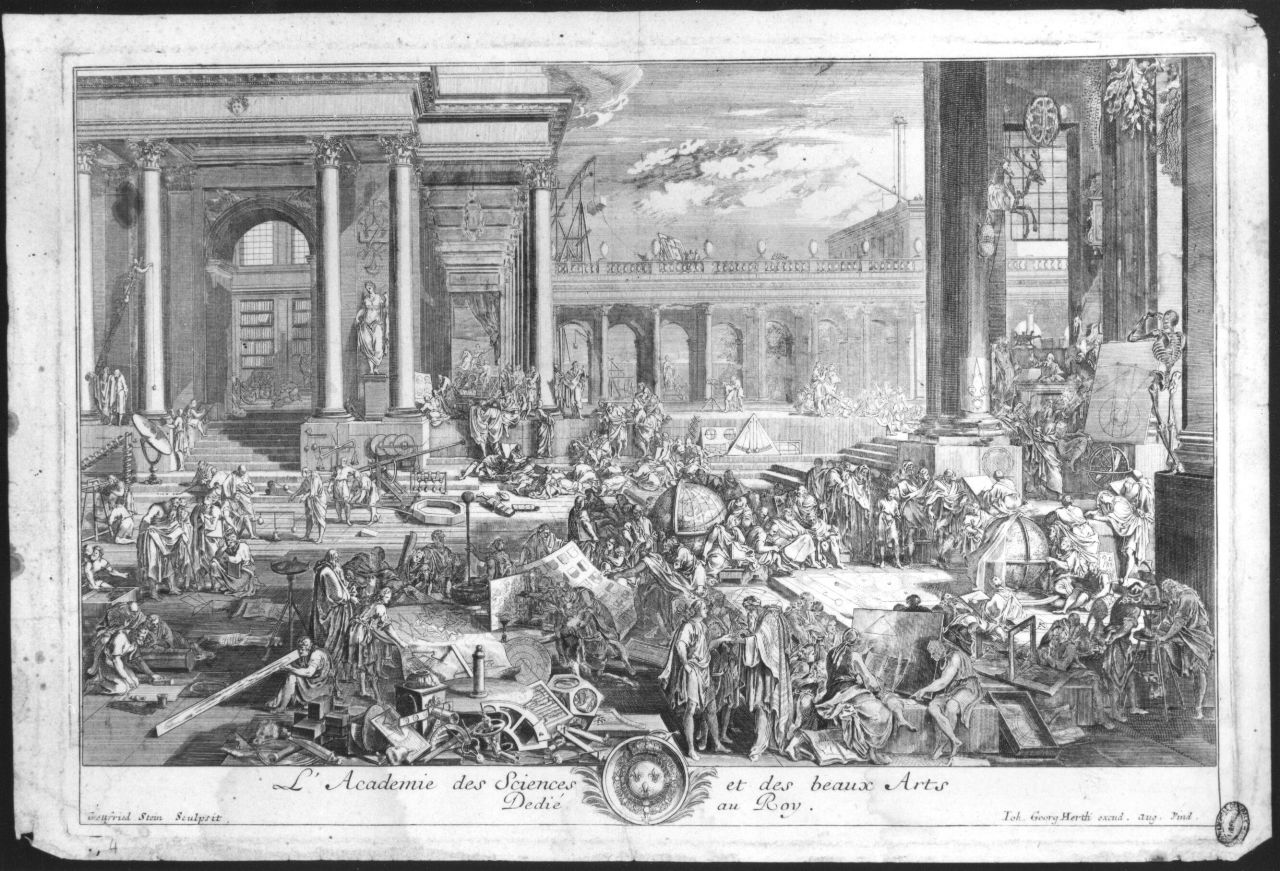 L'Academie des Sciences et des beaux Arts, veduta di accademia di scienze e belle arti (stampa) di Stein Gottfried, Le Clerc Sebastien (inizio sec. XVIII)