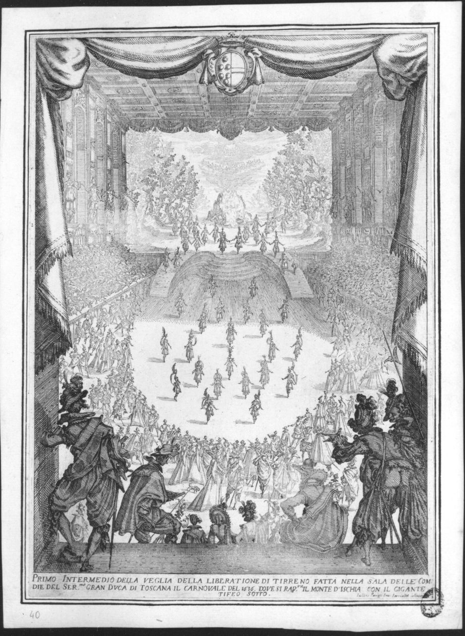 Primo intermedio della Veglia della liberatione di Tirreno (...), scena teatrale (stampa, serie) di Callot Jacques, Parigi Giulio (sec. XVII)