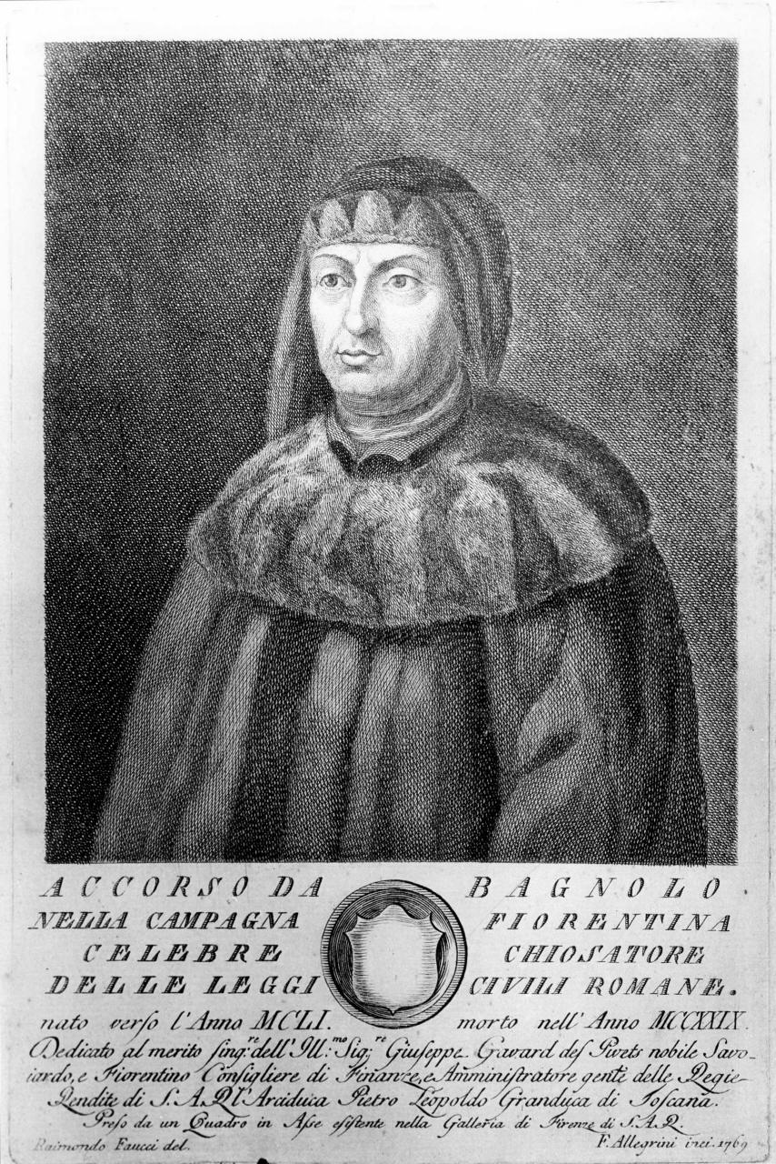 ritratto di Accorso da Bagnolo (stampa) di Allegrini Francesco, Faucci Raimondo (sec. XVIII)