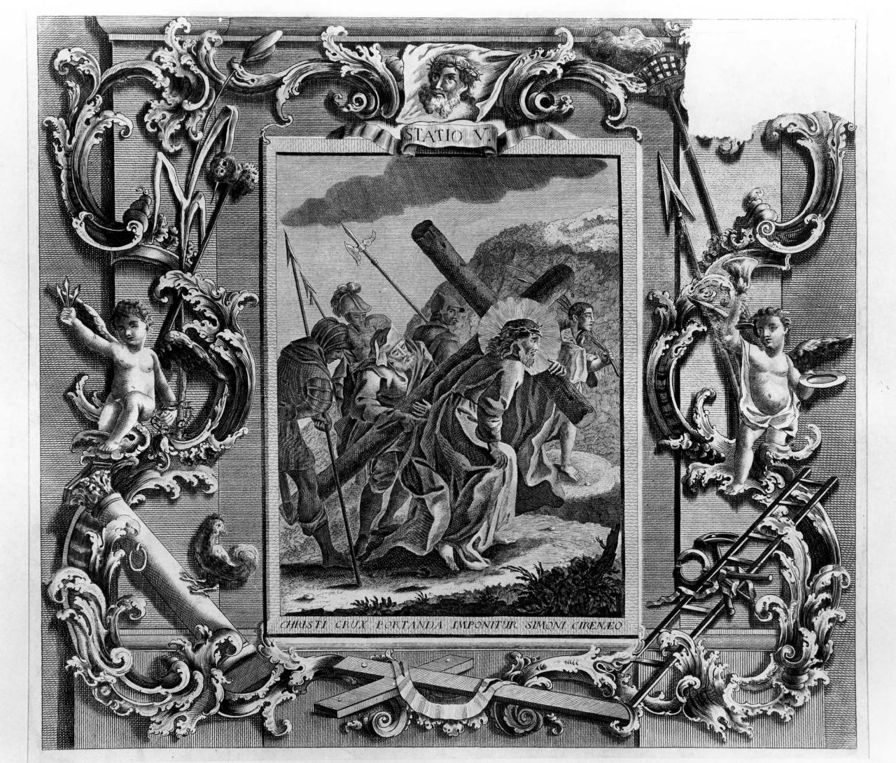 stazione V: Gesù aiutato da Simone il Cireneo a portare la croce (stampa) - ambito romano (?) (sec. XVIII)