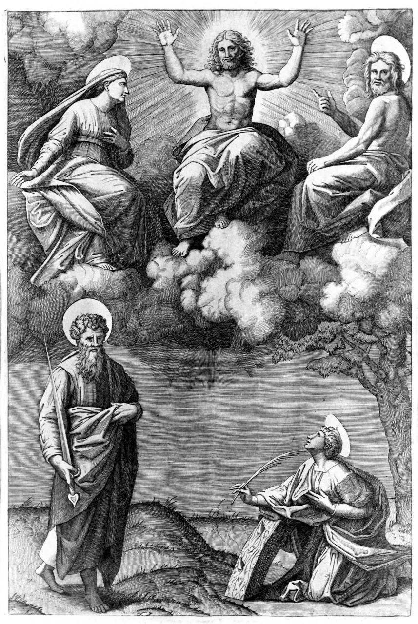 I cinque Santi, Cristo in gloria con la Madonna, San Paolo, San Giovanni Battista e Santa Caterina d'Alessandria (stampa) - ambito emiliano (sec. XVI)