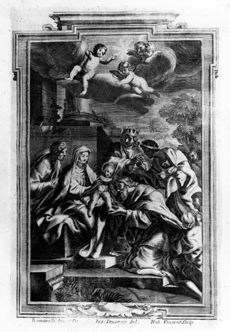 adorazione dei Re Magi (stampa) di Vincent Hubert, Severoni Giuseppe, Romanelli Giovanni Francesco detto Raffaellino (sec. XVIII)