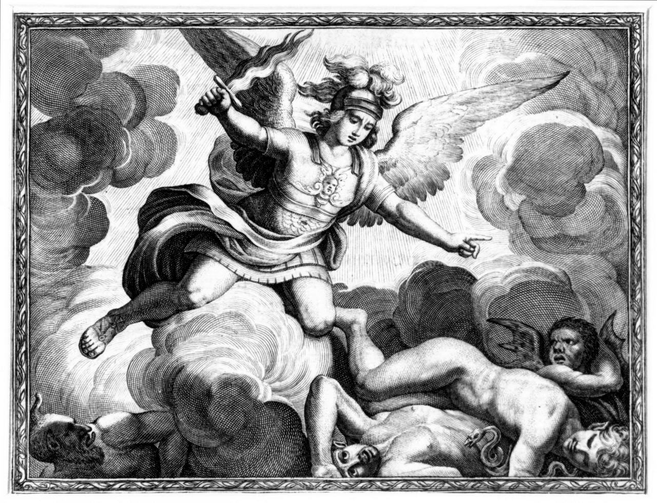 San Michele Arcangelo scaccia gli angeli ribelli dal paradiso (stampa) - ambito romano (seconda metà sec. XVII)