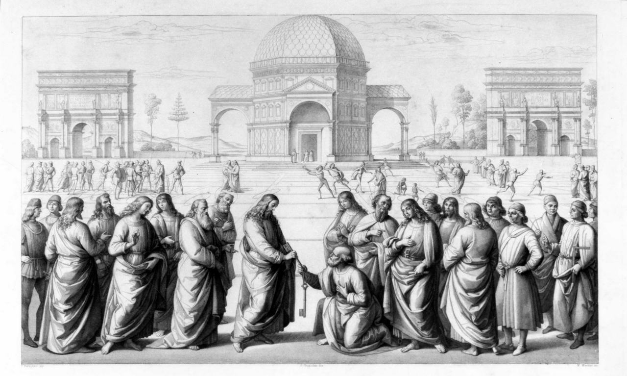 Cristo consegna le chiavi a San Pietro (stampa) di Martini Michelangelo, Vannucci Pietro detto Perugino (metà sec. XIX)