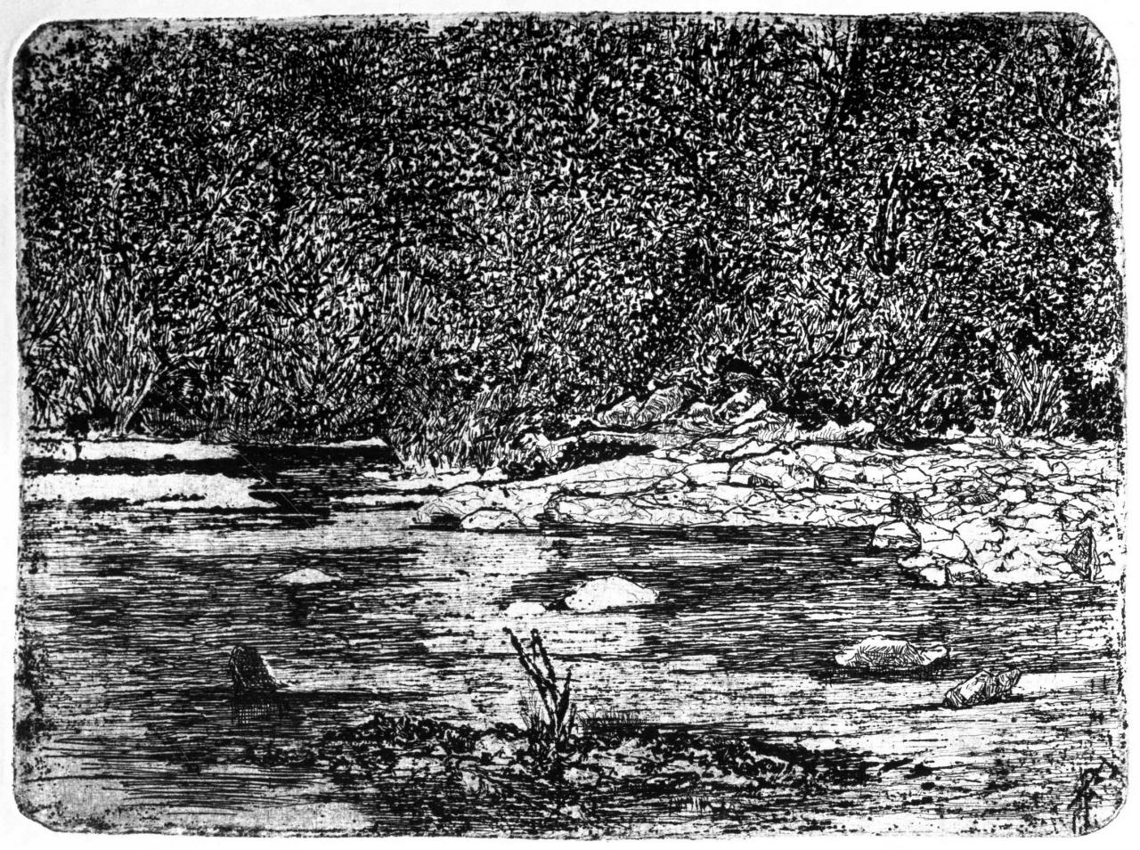Il greto del torrente, paesaggio con torrente (stampa) di Fattori Giovanni (primo quarto sec. XX)