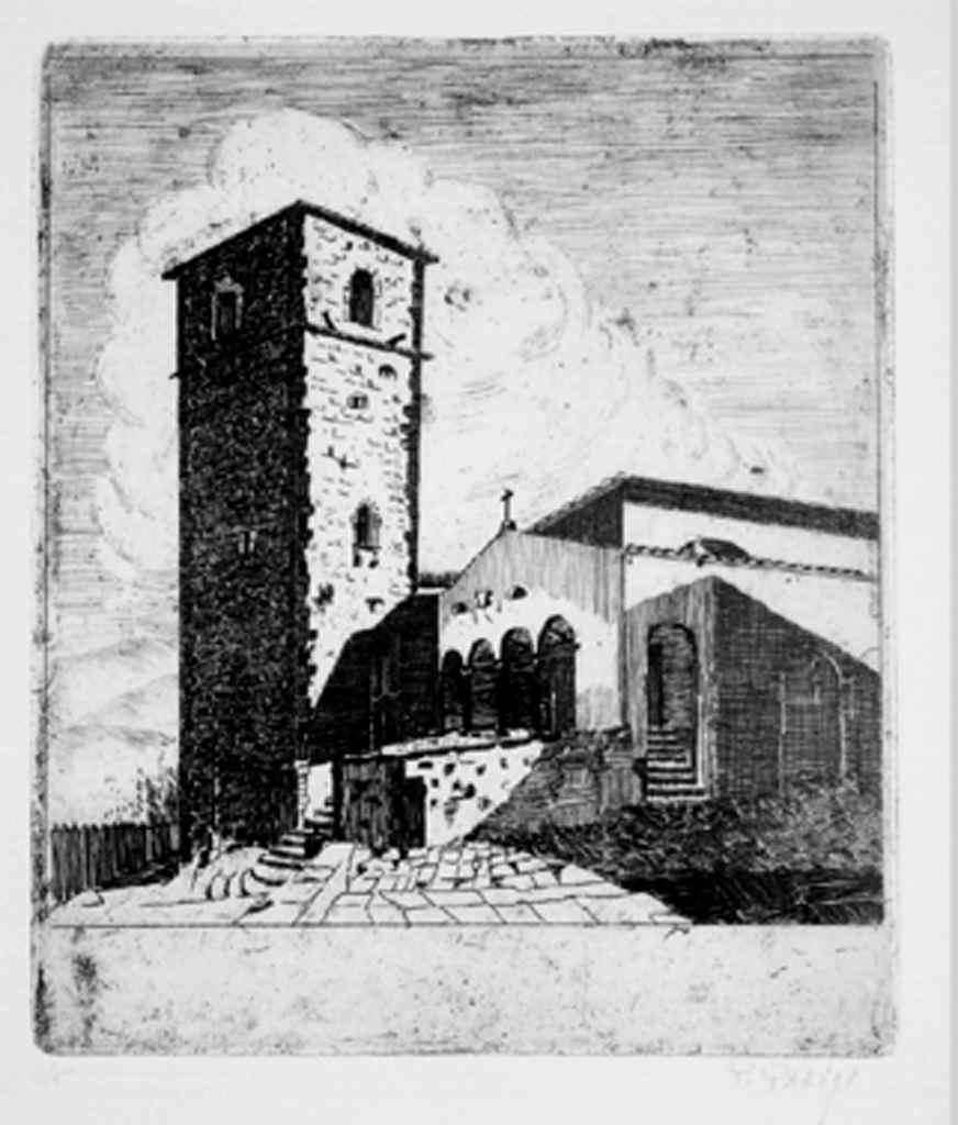 veduta della chiesa di Piteglio (stampa) di Parigi Pietro (sec. XX)